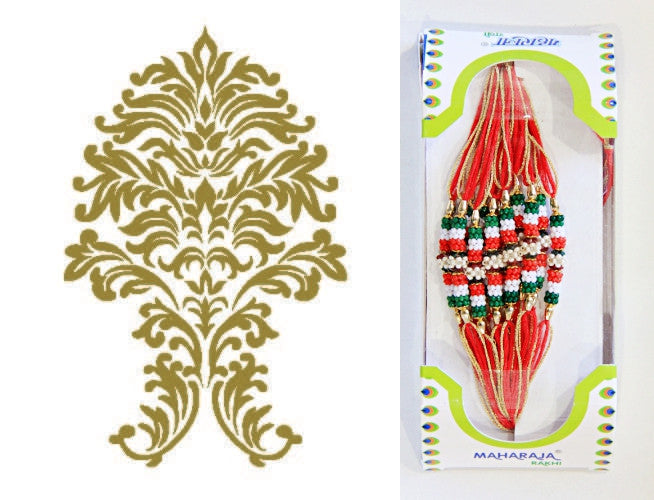 1 Box of Indian Handmade Rakhi Bracelets  (Friendship Bracelets)- Design 1453 (Red, Green & Gold)