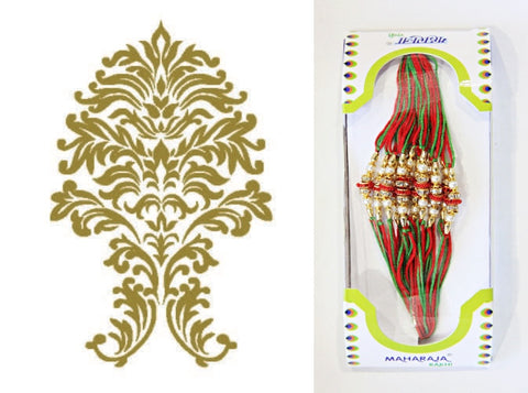 1 Box of Indian Handmade Rakhi Bracelets  (Friendship Bracelets)-Design 6108 (Red, Green & Faux Pearls)